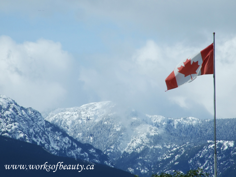 Picture of snowy mountains and canada flag